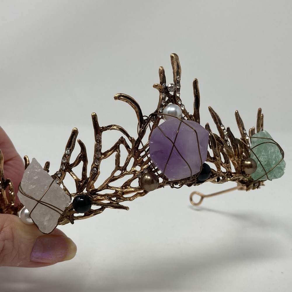 Majestic Genuine Gemstone Crown with Amethyst, Fluorite & Quartz Crystal - Picture 5 of 6